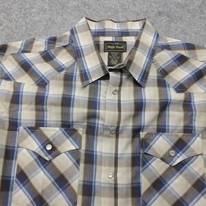 High Noon Western Shirt Mens Large Blue Brown Plaid Pearl Snap Long Sleeve